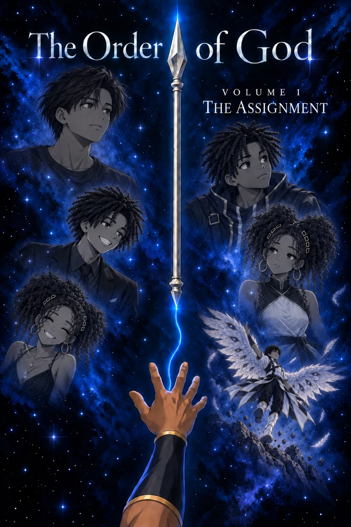 The Assignment, Volume 1 cover: Order and his companions among blue stars, with a silver spear at the center